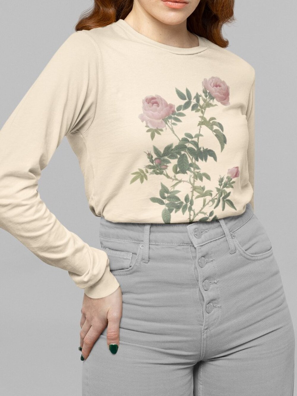 Rose Vintage Floral Print Long Sleeve Graphic Tee T-shirt S-XXL